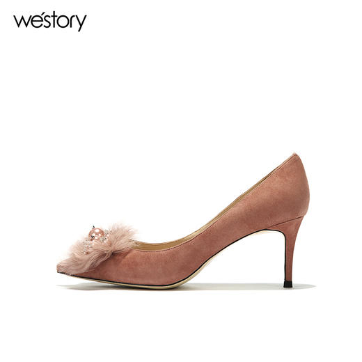 westory浅口高跟鞋尖头珍珠单鞋绒面女鞋W281E50651 商品图2