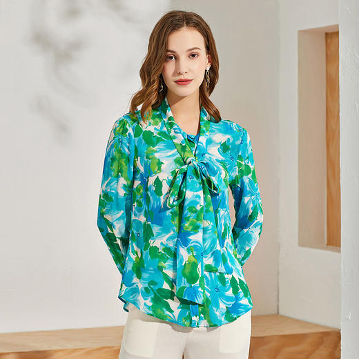 丁摩 真丝衬衫女长袖时尚印花桑蚕丝衬衫飘带上衣Q121025-DW599 商品图2