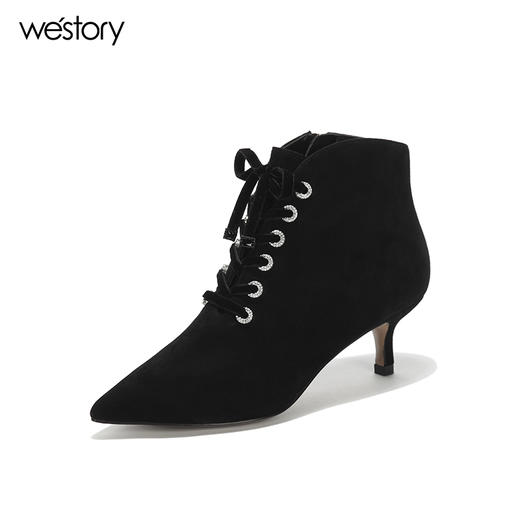 westory秋冬新款细跟系带短靴真皮尖头绒面靴子W274S80171 商品图4