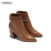 westory 秋冬新款靴子女尖头方根短靴牛皮中跟女靴W274S80741 商品缩略图0