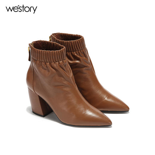 westory 秋冬新款靴子女尖头方根短靴牛皮中跟女靴W274S80741 商品图0