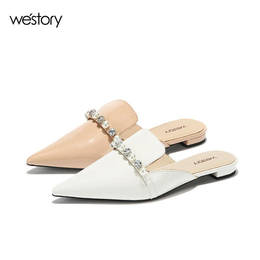 westory2018欧美尖头亮皮平跟包头方跟水钻珍珠女穆勒拖鞋W281J50841 商品图4