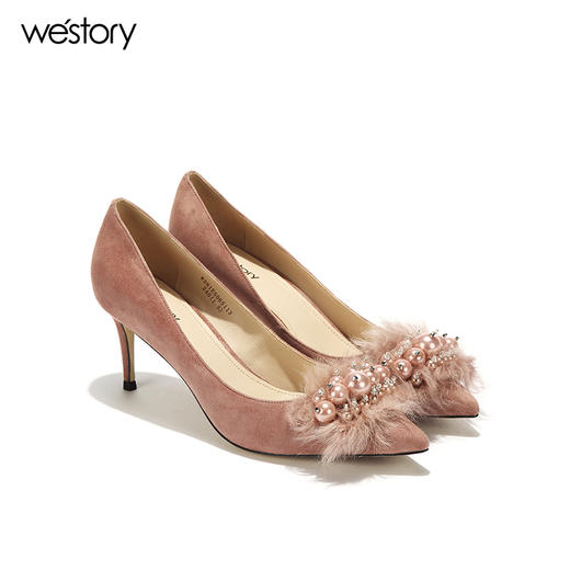 westory浅口高跟鞋尖头珍珠单鞋绒面女鞋W281E50651 商品图0
