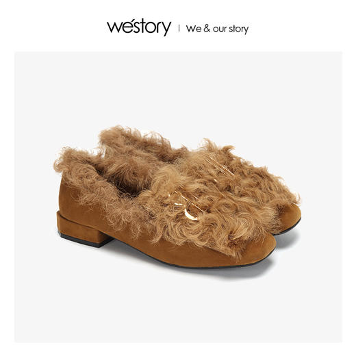 westory冬季新款毛毛鞋内里加绒低跟单鞋舒适女鞋W284M81141 商品图0