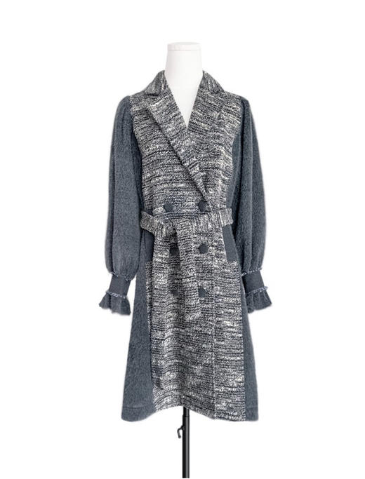 TYNVIE 灯笼袖拼接中长大衣 - 灰色 商品图1