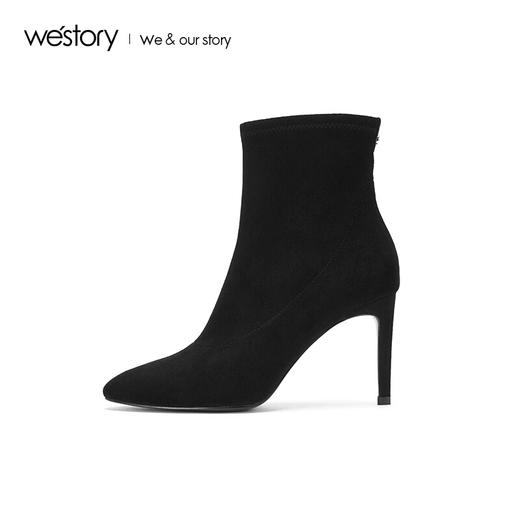 westory商场同款秋冬绒面短靴时尚细跟女鞋尖头高跟鞋W284S80142 商品图1