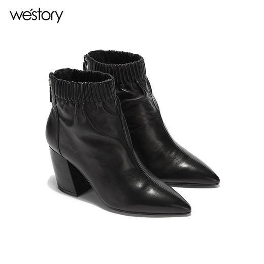 westory 秋冬新款靴子女尖头方根短靴牛皮中跟女靴W274S80741 商品图3