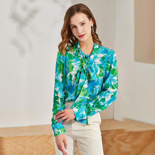丁摩 真丝衬衫女长袖时尚印花桑蚕丝衬衫飘带上衣Q121025-DW599 商品图1