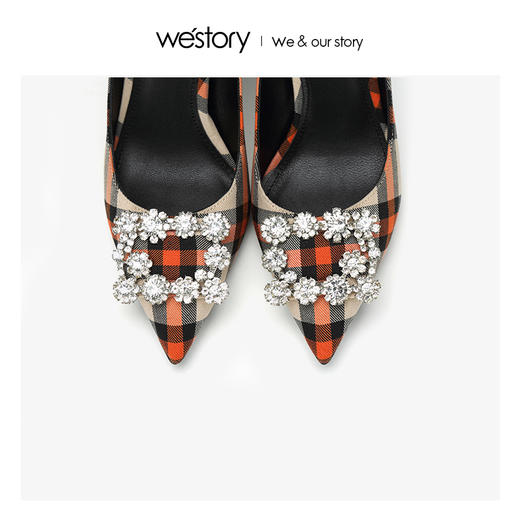 westory秋冬水钻方扣浅口单鞋格子宴会高跟鞋女W283E70091 商品图0