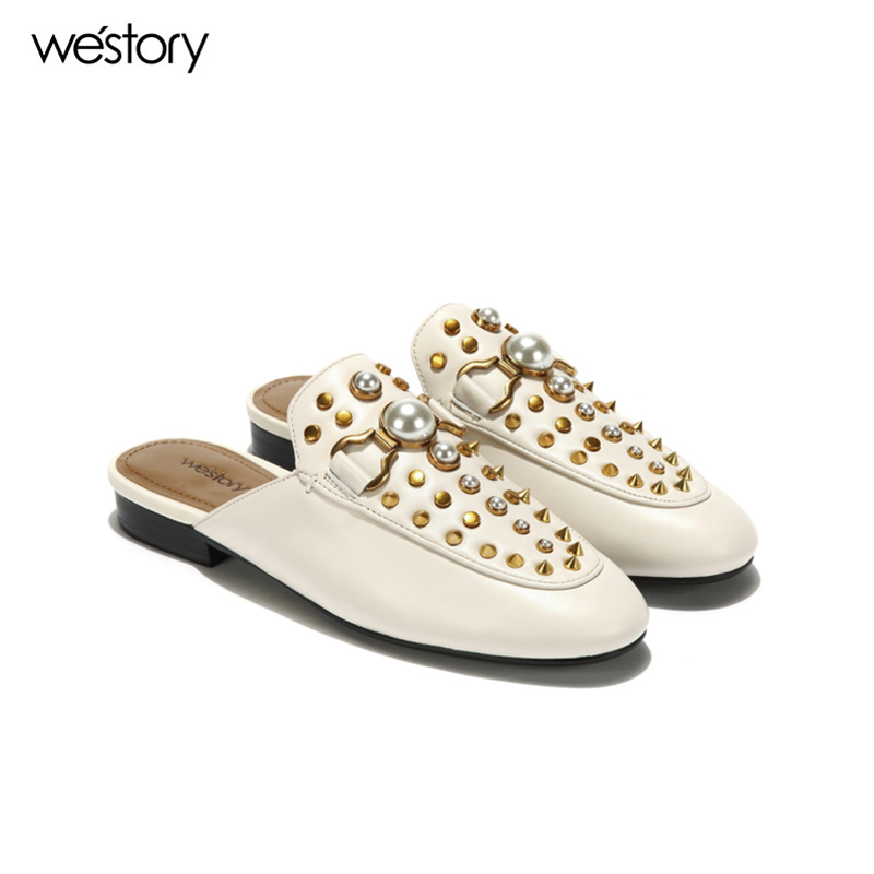 westory新款夏季拖鞋珍珠铆钉包头穆勒鞋平底舒适低跟女鞋W281J50881
