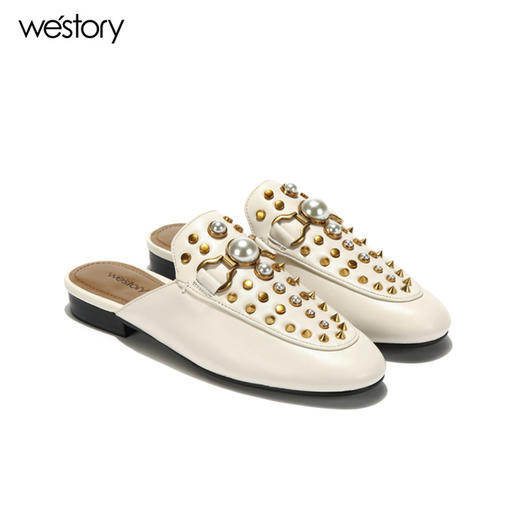 westory新款夏季拖鞋珍珠铆钉包头穆勒鞋平底舒适低跟女鞋W281J50881 商品图0
