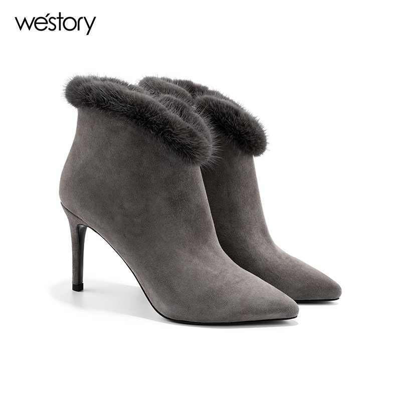 westory 秋季新款靴子女貂毛短靴细跟女靴尖头高跟绒面靴80081