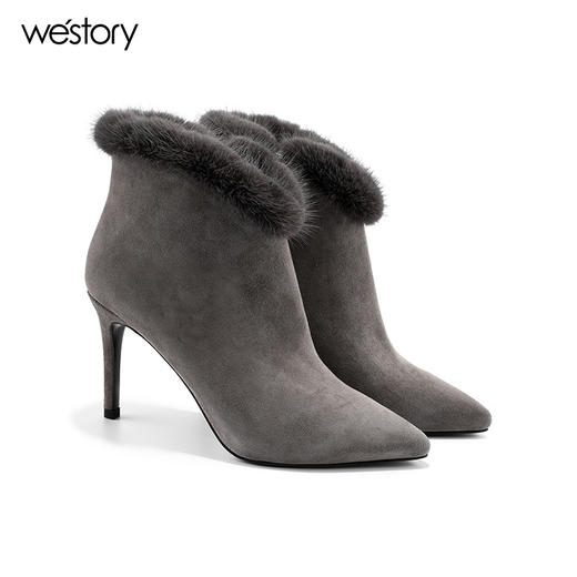 westory 秋季新款靴子女貂毛短靴细跟女靴尖头高跟绒面靴80081 商品图0