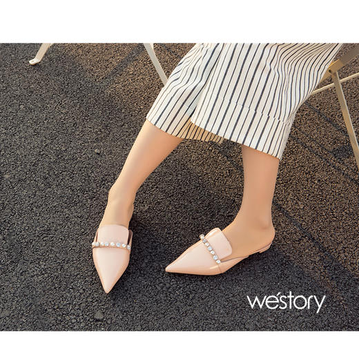 westory2018欧美尖头亮皮平跟包头方跟水钻珍珠女穆勒拖鞋W281J50841 商品图2