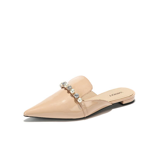 westory2018欧美尖头亮皮平跟包头方跟水钻珍珠女穆勒拖鞋W281J50841 商品图1