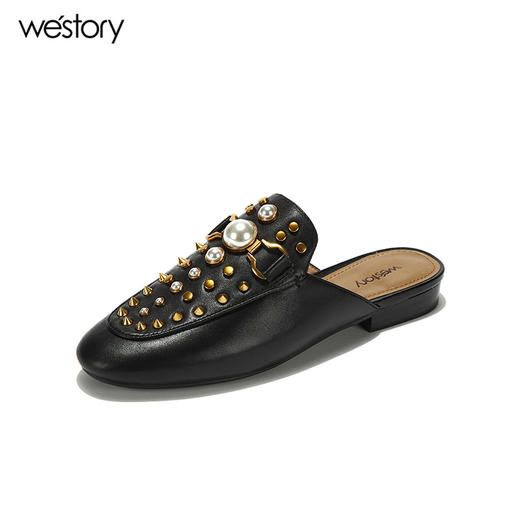 westory新款夏季拖鞋珍珠铆钉包头穆勒鞋平底舒适低跟女鞋W281J50881 商品图3