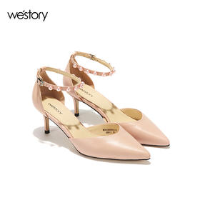 westory夏季新款凉鞋一字带细高跟鞋珍珠单鞋尖头女鞋凉鞋W281H50031
