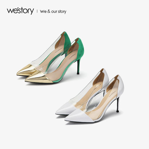 westory新款透明高跟鞋皮面时尚女鞋尖头浅口单鞋W283E70351 商品图4