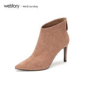 westory商场同款秋冬短靴绒面布里高跟鞋尖头时尚女鞋W284S80241