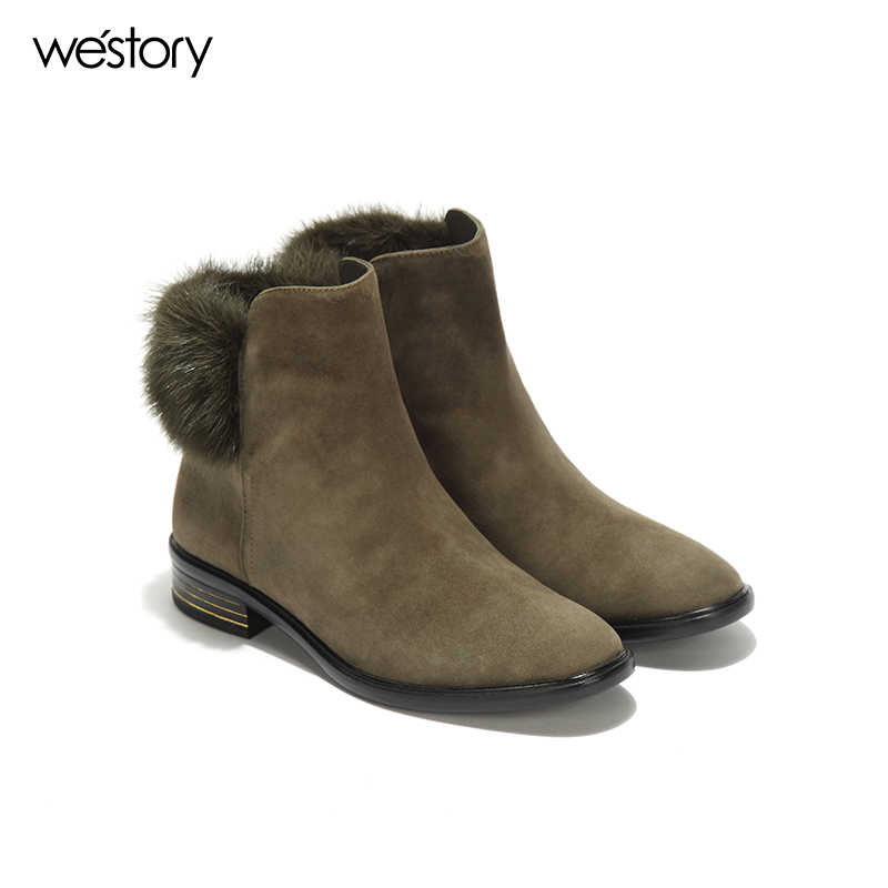 westory 秋冬新款靴子马丁靴真皮毛毛切尔西靴W274S80111