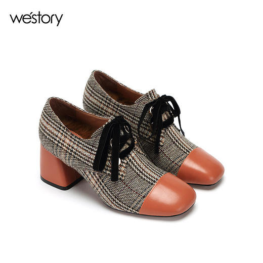 westory商场同款春季新款单鞋女方根女鞋格子布高跟鞋女W281M50791 商品图0
