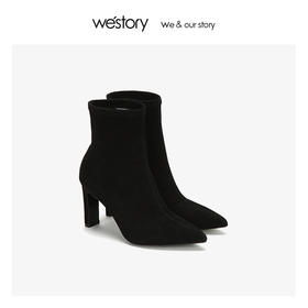 westory2018年冬季新款绒面短筒靴子粗高跟女靴瘦瘦靴W284S80122