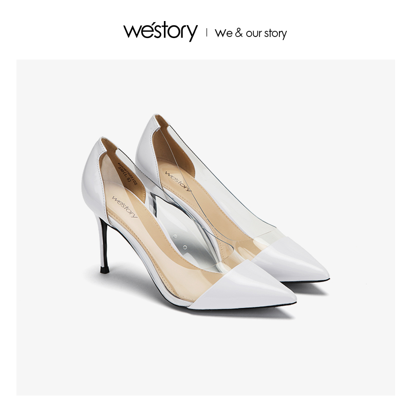 westory新款透明高跟鞋皮面时尚女鞋尖头浅口单鞋W283E70351