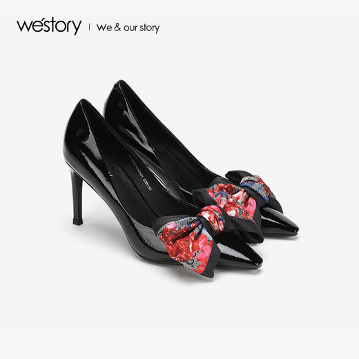 westory新款浅口单鞋蝴蝶结高跟鞋时尚女鞋W283E70501 商品图0