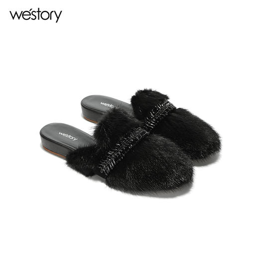 westory秋季圆头平底包头毛毛拖鞋女外穿拖鞋社会女鞋W273J70661 商品图2