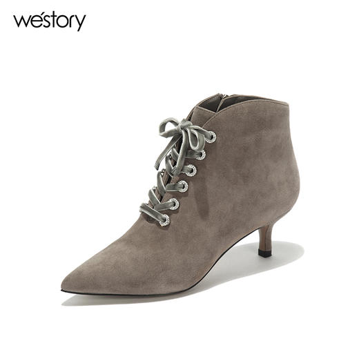 westory秋冬新款细跟系带短靴真皮尖头绒面靴子W274S80171 商品图3