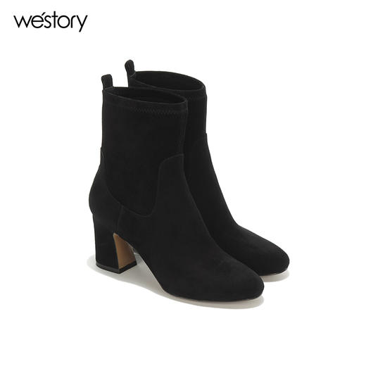 westory秋冬绒面园头短靴方根短筒女靴套筒舒适女鞋W274S80151 商品图3