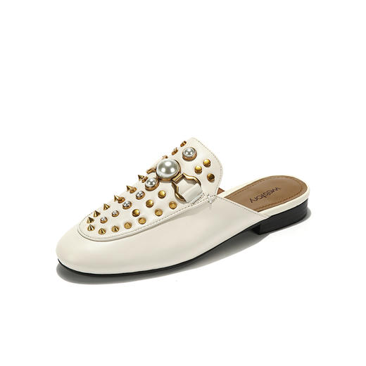 westory新款夏季拖鞋珍珠铆钉包头穆勒鞋平底舒适低跟女鞋W281J50881 商品图1