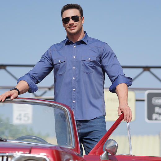 【一口价】【新款DM】 新款大依优型大码长袖衬衫弹力免烫大号牛仔衬衣加肥加大男装 商品图3