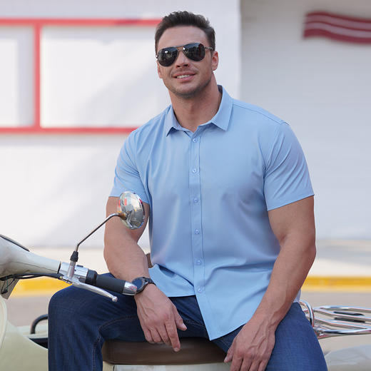 【超大码】【新款DM】大依优型大码短袖衬衫加肥加大男装弹力免烫大号短袖衬衫纯色大码衬衣 商品图1