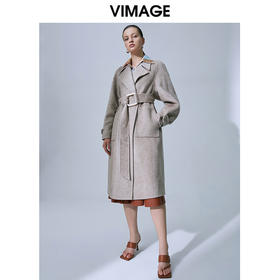  VIMAGE纬漫纪春季新款气质翻领收腰廓形显瘦长款羊毛呢大衣女V1514102