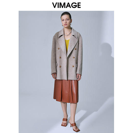 VIMAGE纬漫纪春季新款气质翻领时尚双排扣直筒显瘦羊毛呢外套V1514101 商品图0