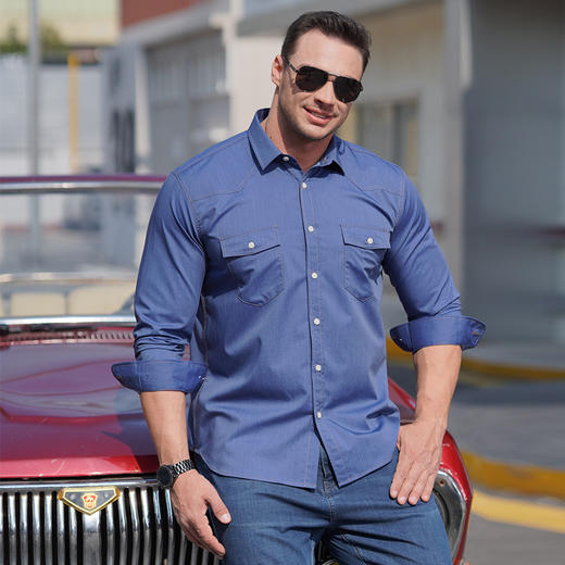 【一口价】【新款DM】 新款大依优型大码长袖衬衫弹力免烫大号牛仔衬衣加肥加大男装 商品图1