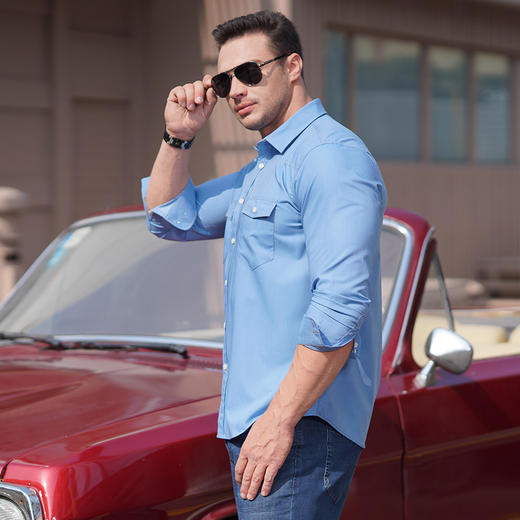 【一口价】【新款DM】 新款大依优型大码长袖衬衫弹力免烫大号牛仔衬衣加肥加大男装 商品图2