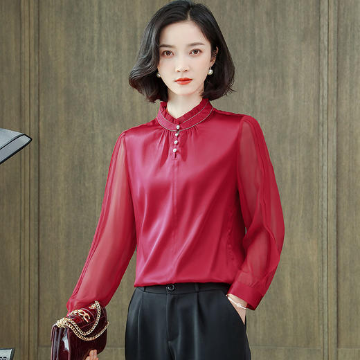 上海旗袍厂ASE-9038木耳边拼接时尚真丝衬衫 商品图0