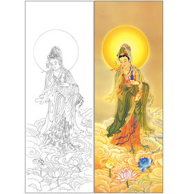 竖幅工笔人物白描底稿 西方三圣 南无观世音菩萨-观音佛像-SF11