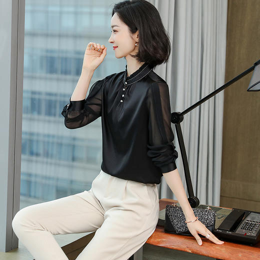 上海旗袍厂ASE-9038木耳边拼接时尚真丝衬衫 商品图2