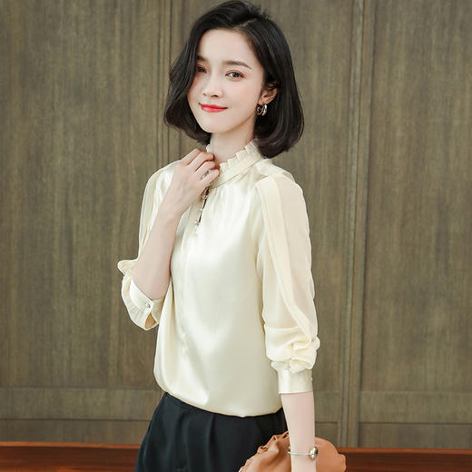上海旗袍厂ASE-9038木耳边拼接时尚真丝衬衫 商品图3