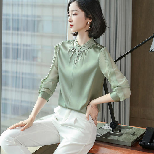 上海旗袍厂ASE-9038木耳边拼接时尚真丝衬衫 商品图1