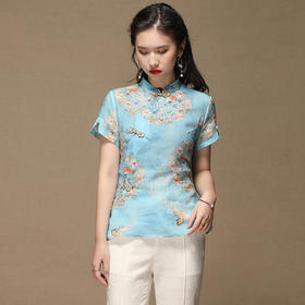 上海旗袍厂AYK-QF-200421苎麻花环复古短袖改良唐装上衣女2021春夏女装立领国风修身上衣女