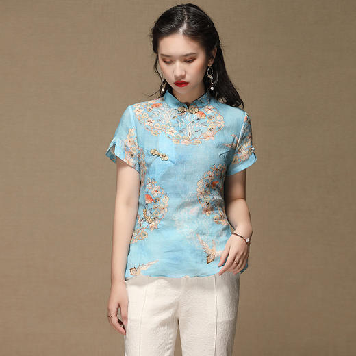 上海旗袍厂AYK-QF-200421苎麻花环复古短袖改良唐装上衣女2021春夏女装立领国风修身上衣女 商品图0