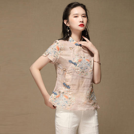 上海旗袍厂AYK-QF-200421苎麻花环复古短袖改良唐装上衣女2021春夏女装立领国风修身上衣女 商品图2