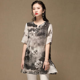 上海旗袍厂AYK-QF-200412水墨中长款国风改良圆领唐装2021春夏新款女装复古七分袖上衣女