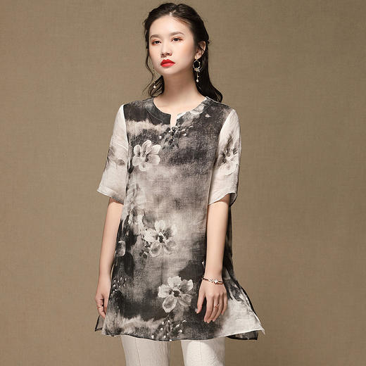 上海旗袍厂AYK-QF-200412水墨中长款国风改良圆领唐装2021春夏新款女装复古七分袖上衣女 商品图0