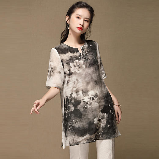 上海旗袍厂AYK-QF-200412水墨中长款国风改良圆领唐装2021春夏新款女装复古七分袖上衣女 商品图1