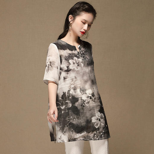 上海旗袍厂AYK-QF-200412水墨中长款国风改良圆领唐装2021春夏新款女装复古七分袖上衣女 商品图2